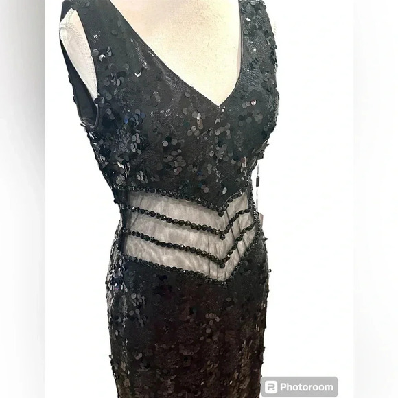 🆕 Dalia Macphee Black Sequined Illusion Waist Gown Extra Large - Picture 8 of 15